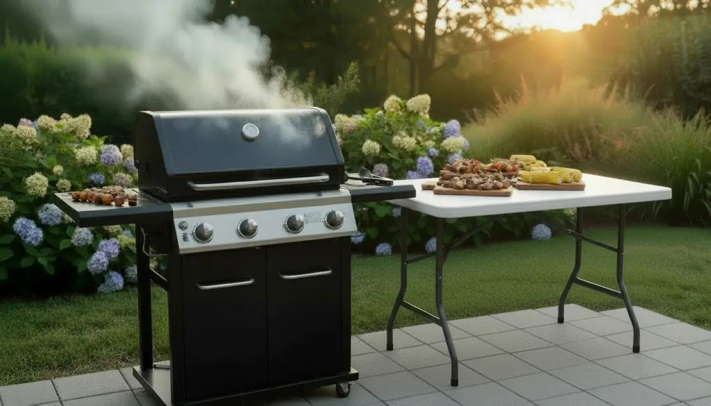 Gas grill cooking barbecue with a folding side table on a patio in a backyard