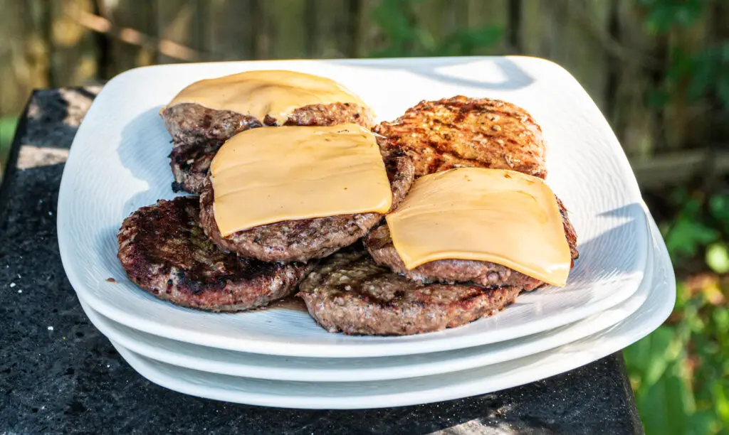 Hamburgers and cheeseburgers resting on a white serving plate in the backyard