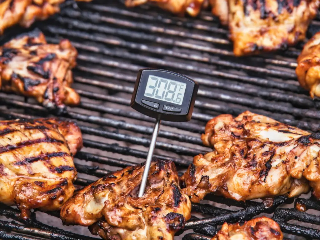 Checking barbecue chicken thighs on a charcoal grill with a meat thermometer for safe temperature