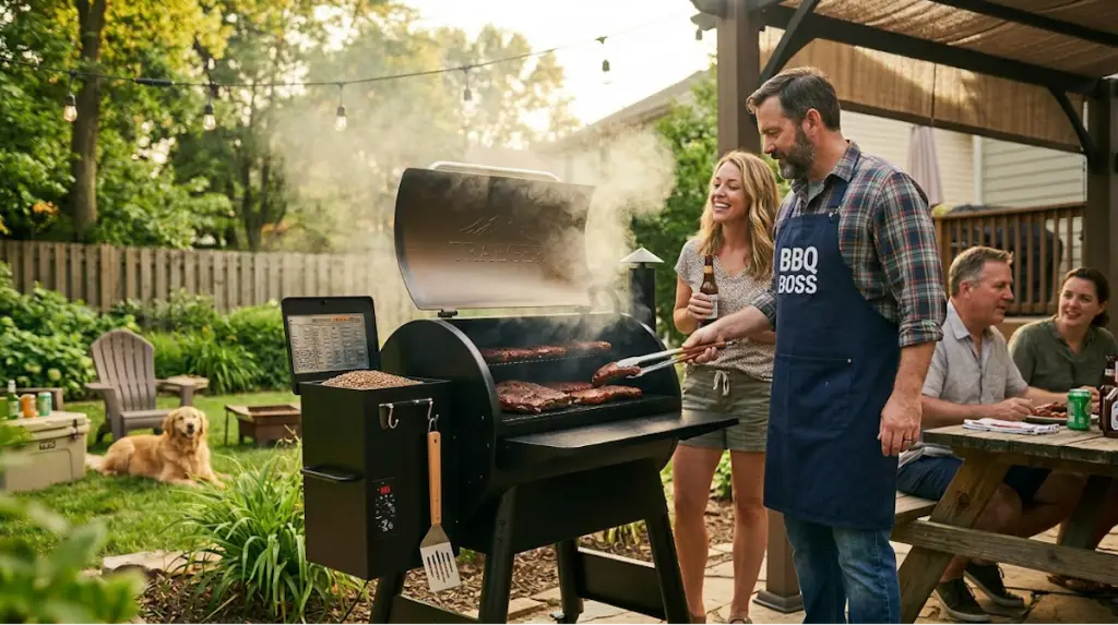 Dad smoking meat on a pellet smoker at a family barbecue in a backyard