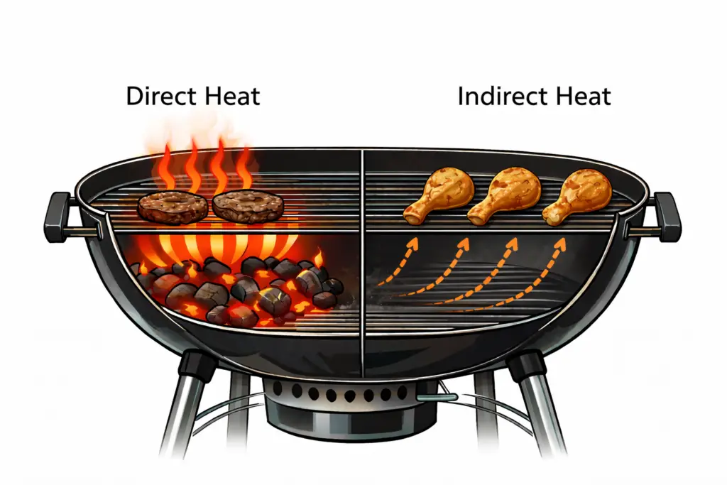 An illustration of direct vs. indirect heat in a charcoal kettle grill
