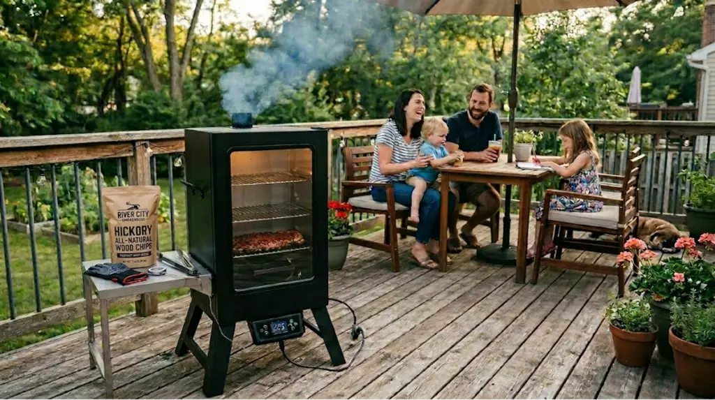 Family sitting at a table on a deck with an electric smoker nearby