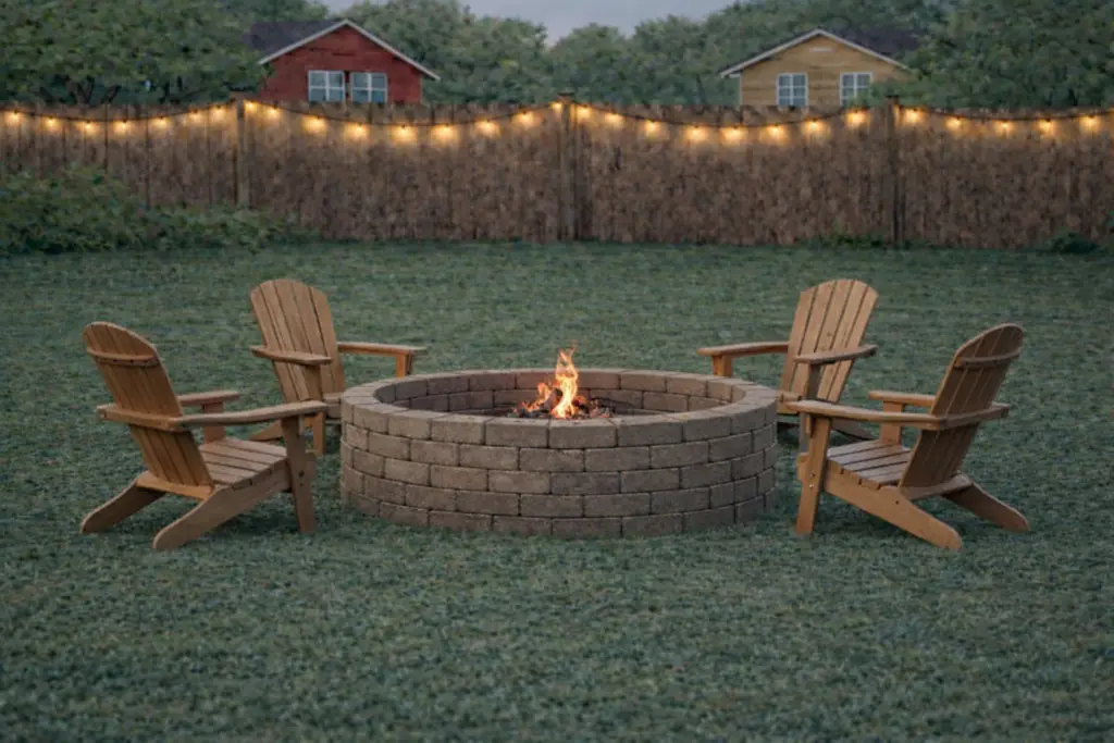 Completed backyard fire pit with wood fire and Adirondack chairs
