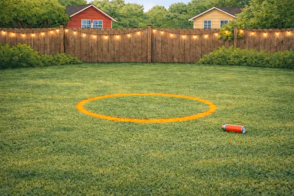 Spray-painted orange circle in the lawn for a backyard fire pit