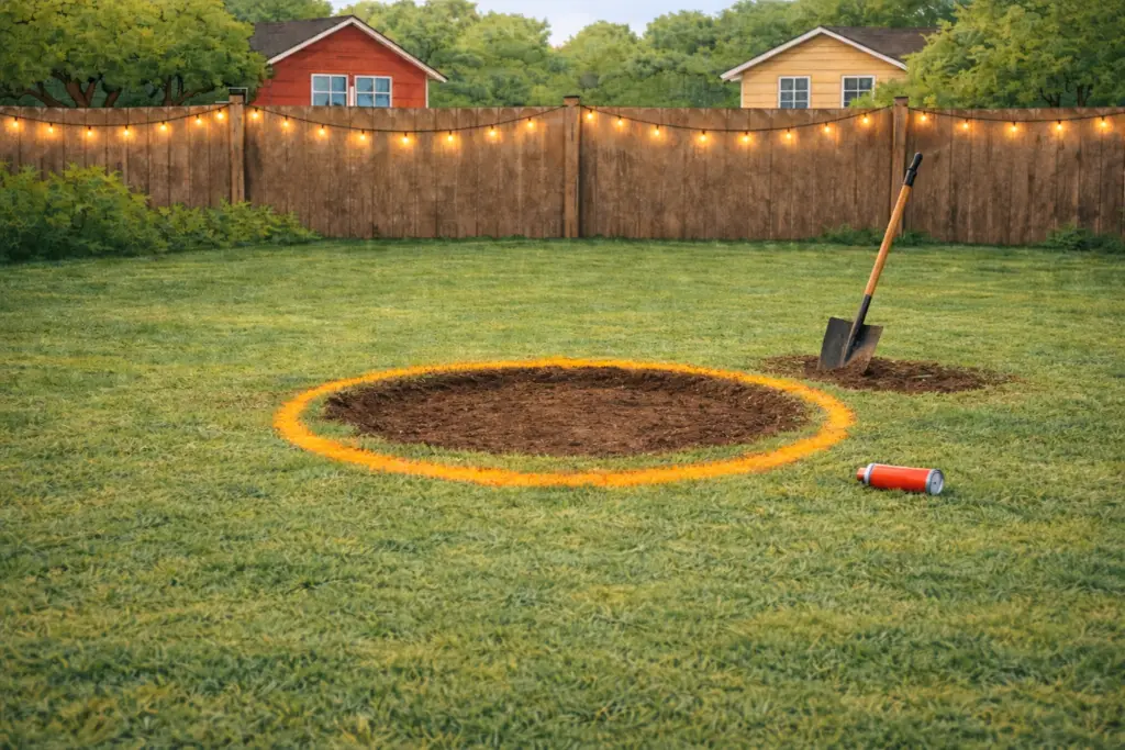 Sod removed from a circle in a lawn for a backyard fire pit