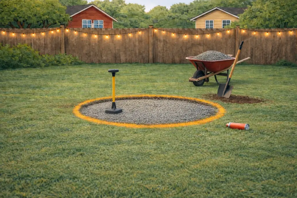 Gravel tamped down in a circle in a lawn for a backyard fire pit