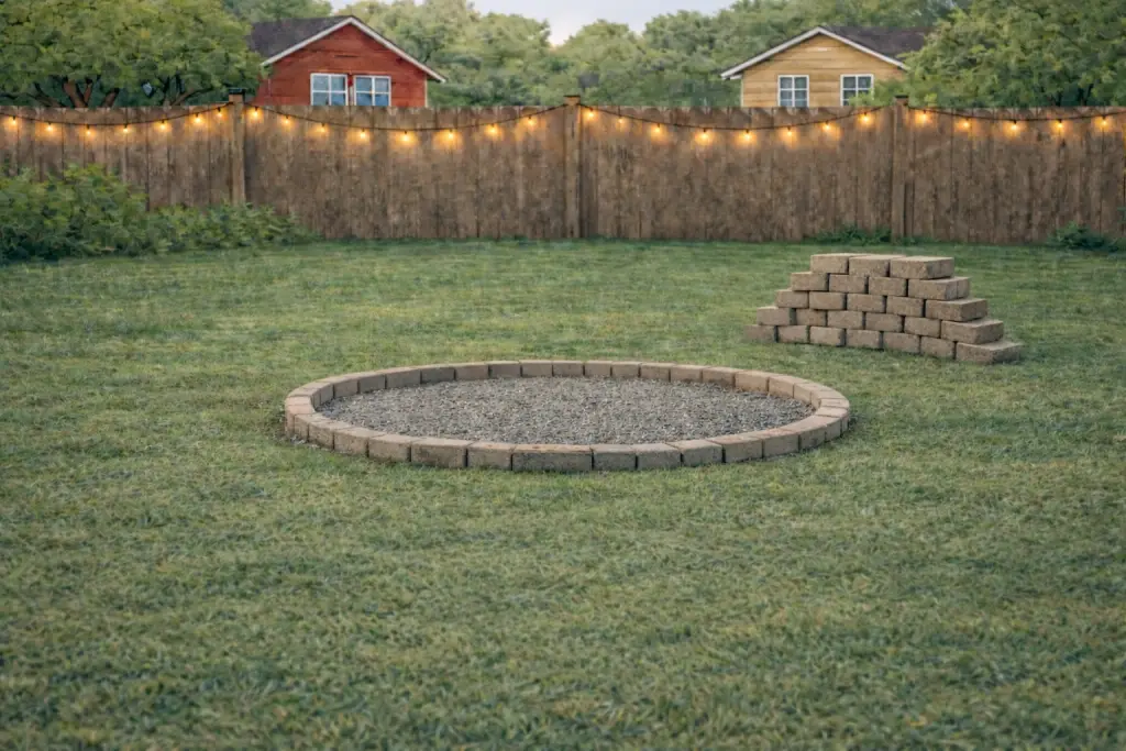 First row of bricks over gravel in a circle in a lawn for a backyard fire pit