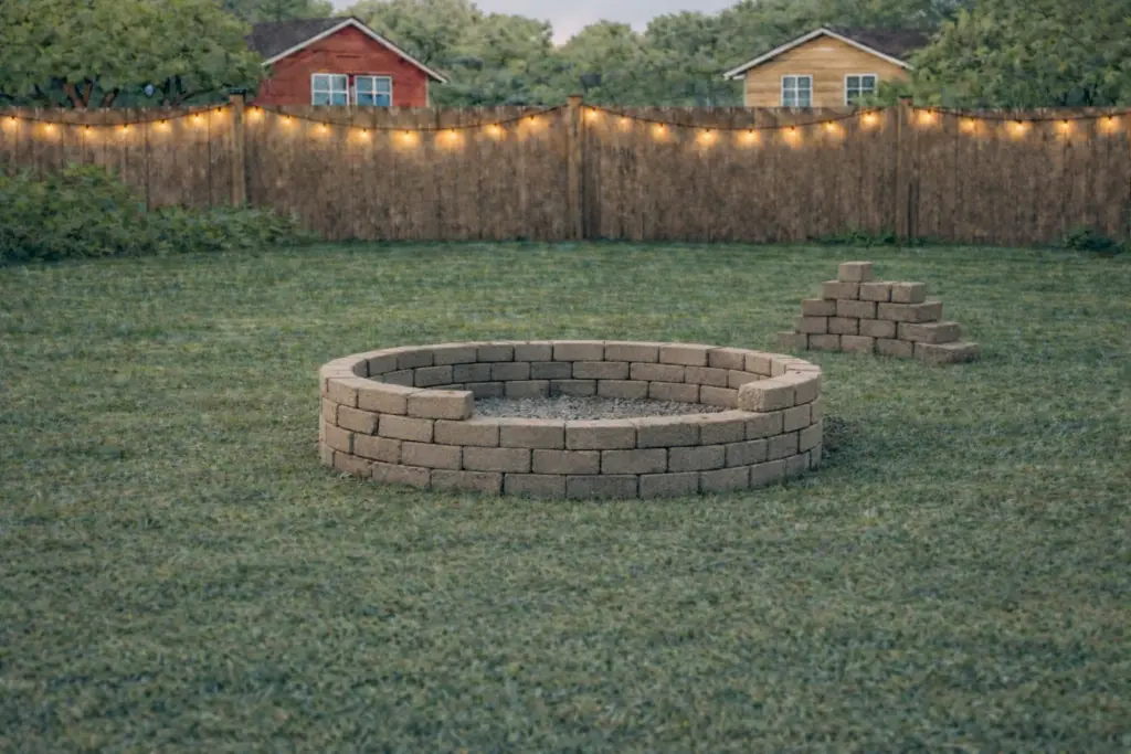 Several rows of bricks over gravel in a circle in a lawn for a backyard fire pit