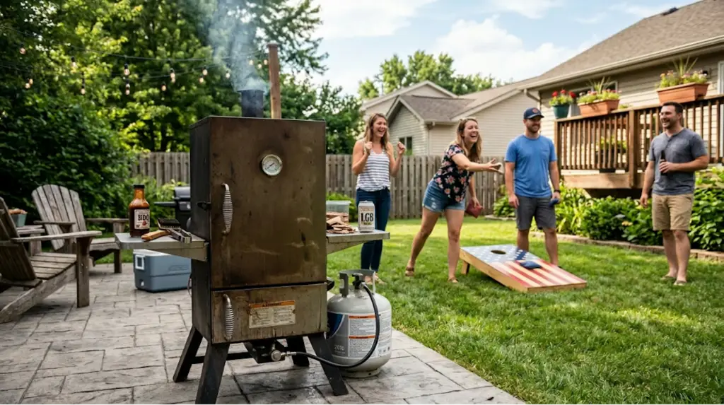 Friends playing cornhole next to a propane smoker on a patio in the backyard
