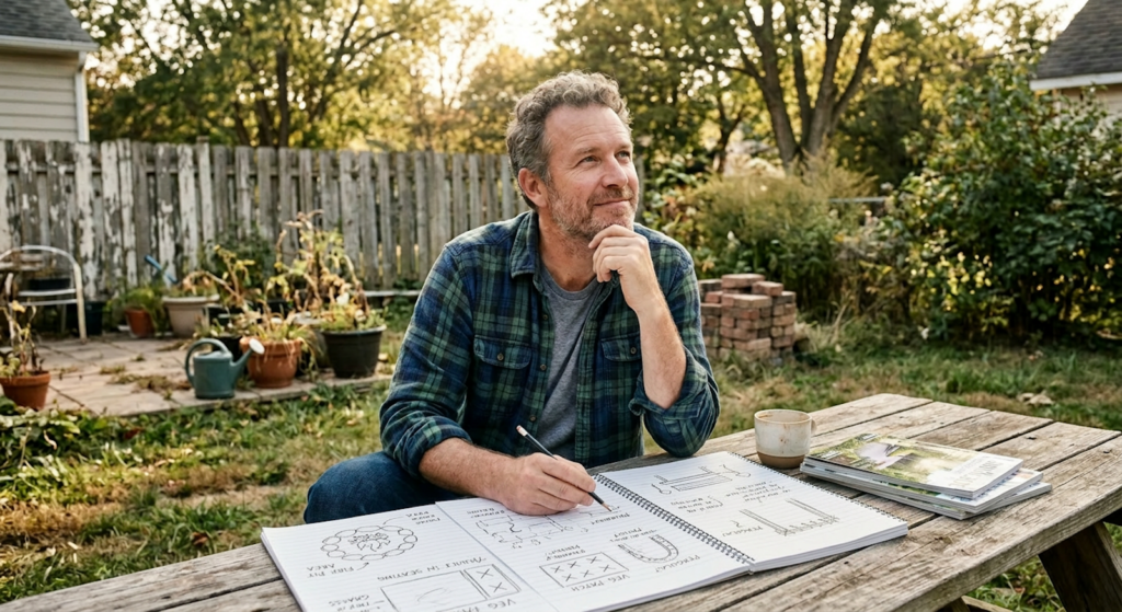 A man sitting at a picnic table planning his backyard projects