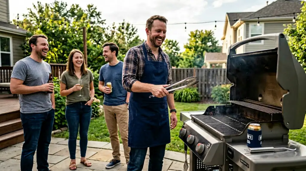 A man standing by a propane grill clicking the tongs as the grill heats ip