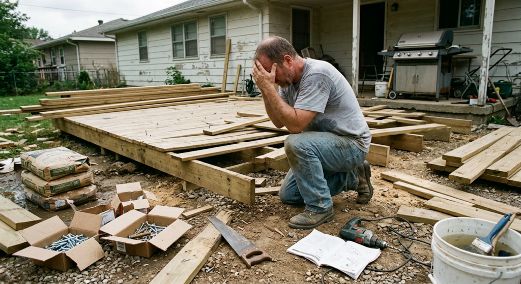 Frustrated man trying to build a deck in his backyard