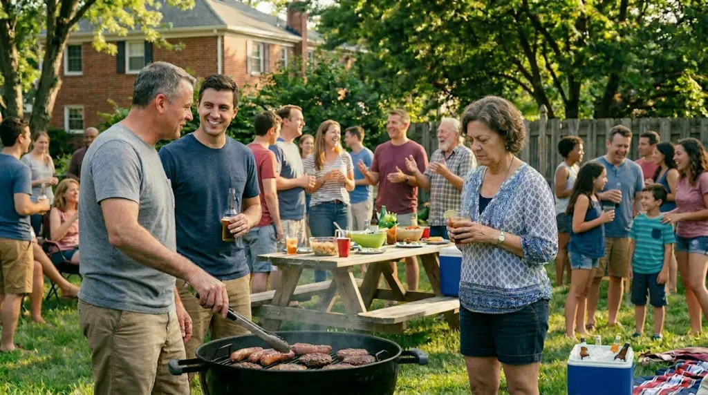 Judgemental woman evaluating the fooc cooking on the grill at a backyard barbecue
