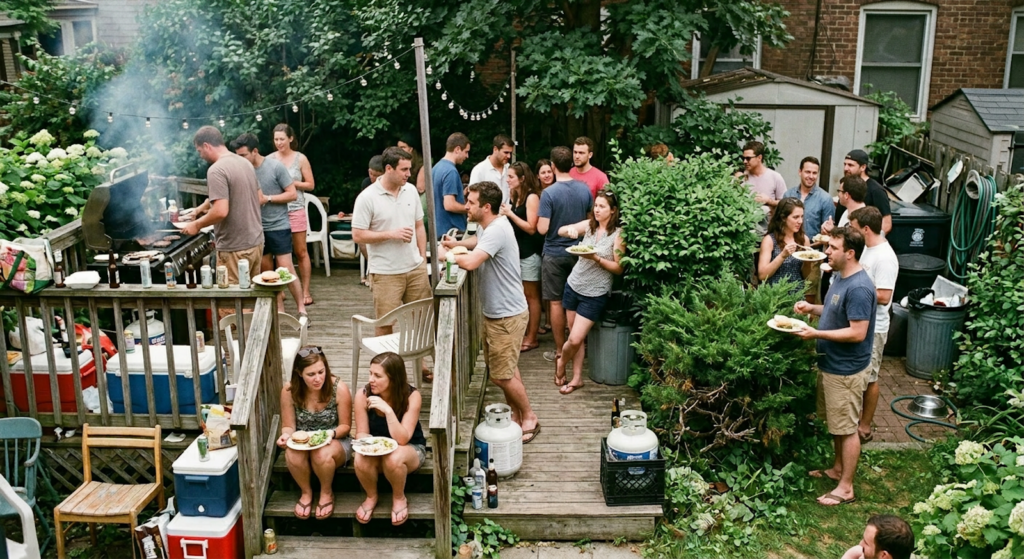 Barbecue in a poorly organized backyard