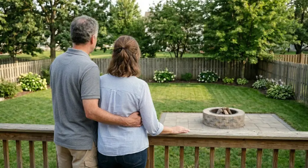 Proud couple looking at the new fire pit in their backyard