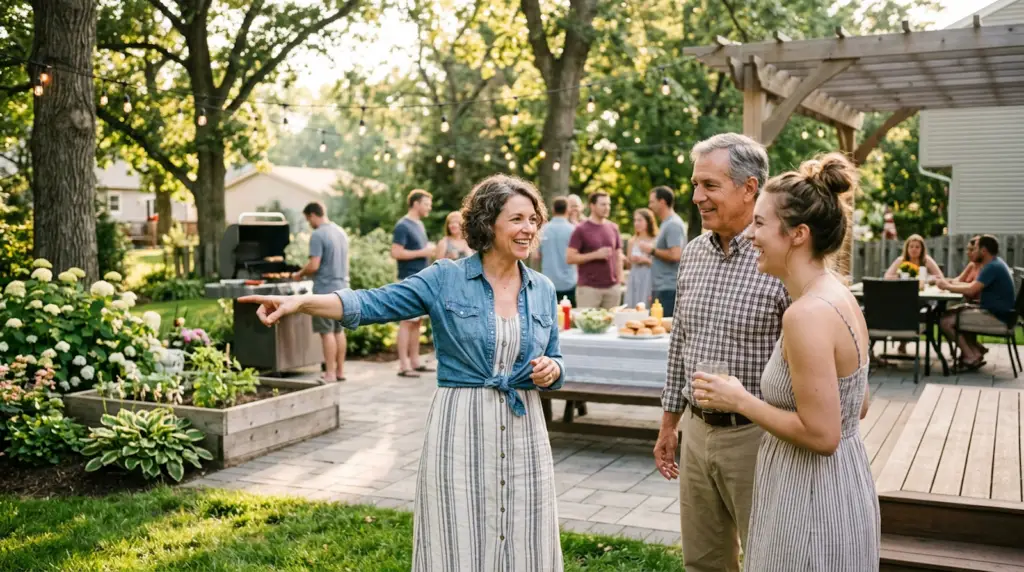 Woman showing off her backyard at a barbecue
